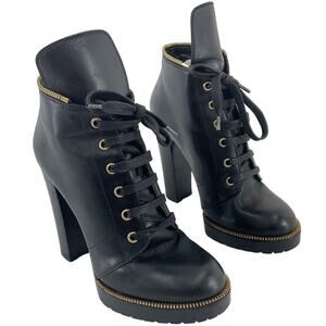 Sergio Rossi Black Leather Lace-Up Ankle Booties with Gold Zipper Trim